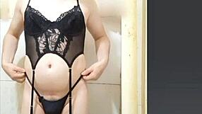 Gorgeous femboy in lingerie garter belt masturbates solo as a sexy transsexual amateur