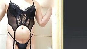 Gorgeous femboy in lingerie garter belt masturbates solo as a sexy transsexual amateur