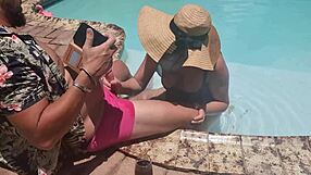 Blonde gives random guy a steamy pool blowjob on holiday