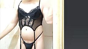Gorgeous femboy in lingerie garter belt masturbates solo as a sexy transsexual amateur