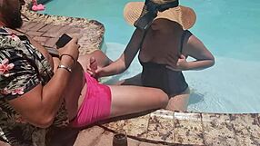 Blonde gives random guy a steamy pool blowjob on holiday