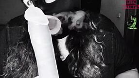 Fuming my dildo with natural tits and mask!