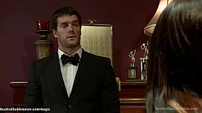 Butler FUCKS busty brunette in kinky bondage