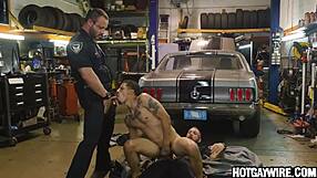 Two officers arrest a guy, then engage in gay threesome fucking.