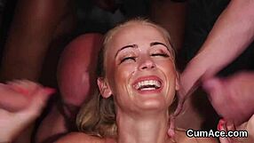 frisky honey gets cumshot on her face and swallows all the love juice in this blowbang bukkake