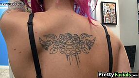 Pink-haired girl gets a facial cumshot here.