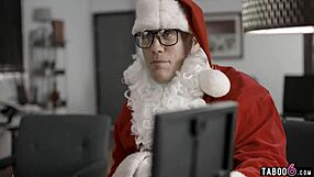 Santa intensely fucks petite brunette teen beauty at his boss's home with hardcore blowjob and fucking