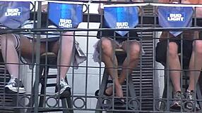 Exhibitionist wife Helena Price flashes upskirt pussy in public at Fantasy Fest.