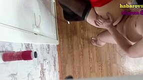 Hairless wife in dress and stockings gets shaved pussy oral with hidden homemade cum fetish.