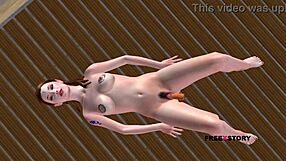 Анимирана 3D тийн мацка мастурбира на пода с морков