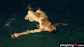 classy short haired babe britt linn strips for naked swim 😍 lingerie flies off