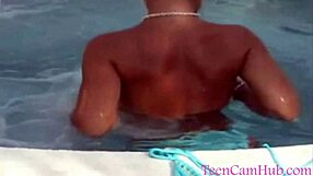 Big tits teen model teases in bikini by the pool