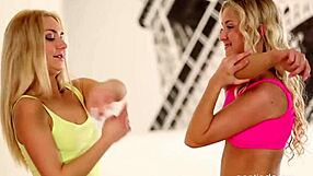 Sexy blonde babes lick pussy and use dildo after intense workout fingering.