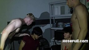 Frats feature pretty hardcore twink group banging in POV bareback gangbang scenes.