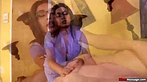 Mean hot teen dominates with handjob on big cock during slave massage