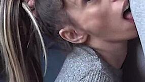 Candie Cross kneels for a quick facial blowjob session