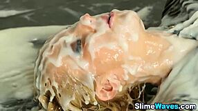 Euro skank in stockings gets messy bukkake facial.