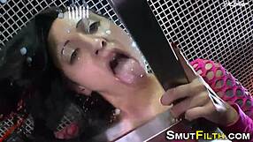 slut feels intense pleasure in bukkake blowbang