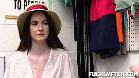 Hazel Moore says, 'caught shoplifting, now blowjob punishment.'