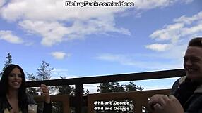 Intriguing Contrast: Sexy Busty Brunette in Heels Gets Wild Outdoor Fucking with Pickup Threesome Scene 3