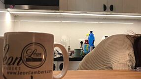 young wife bends over in tight leggings while voyeur watches.