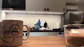 young wife bends over in tight leggings while voyeur watches.