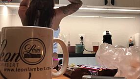 young wife bends over in tight leggings while voyeur watches.