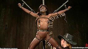 Lezdom subtly torments tied blonde and ebony with gagging pain