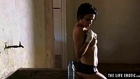 Athletic Brunette Masturbates Naked in Boxing Gym