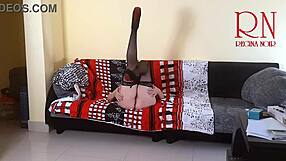 Secretary TEASES boss with PUSSY striptease on office sofa.