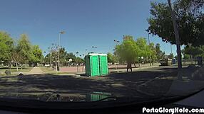 porta gloryhole milf craves to suck cock in public outdoor spot. she swallows every drop.