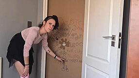 Gloryhole Slut Sucks and Jerks Through Doorway