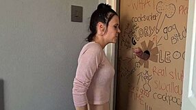 Gloryhole Slut Sucks and Jerks Through Doorway