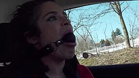 ball gagged slut flashing in public