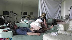 Stepsister aids stepbrother in losing virginity on sofa