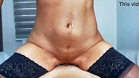 Hot POV reverse cowgirl in stockings ends with cum on boobs. See the intense creampie finish!