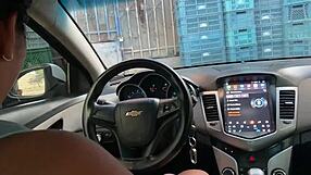 black couple rides big cock and cums on tits after car wash