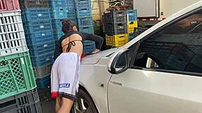 black couple rides big cock and cums on tits after car wash