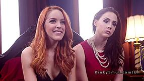 Redhead brat with big tits gets punished in rough threesome submission