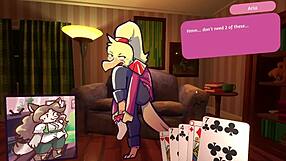 Two chicks playing poker in furry striptease game.