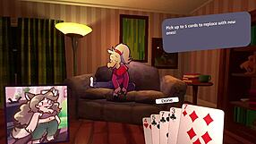 Two chicks playing poker in furry striptease game.