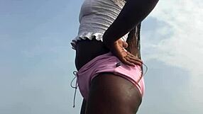 Crazybitch twerking hard in sexy clothes on beach
