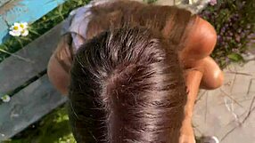 risky public encounter with tall brunette in village