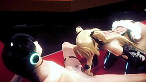 Sissy femboy Mizu gives blowjob then takes bareback creampie in chair.