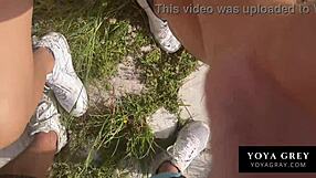 risky public encounter with tall brunette in village