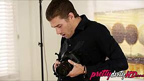 Teen brunette gives blowjob and fucks photographer.