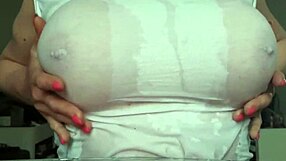 Busty milf wets t-shirt without bra, orgasms from pierced nipples