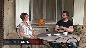 mature brunette in stockings chats with young guy