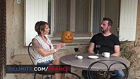 mature brunette in stockings chats with young guy