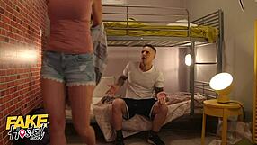 Cheating boyfriend fucks teen backpacker in fake hostel next to girlfriend 😈